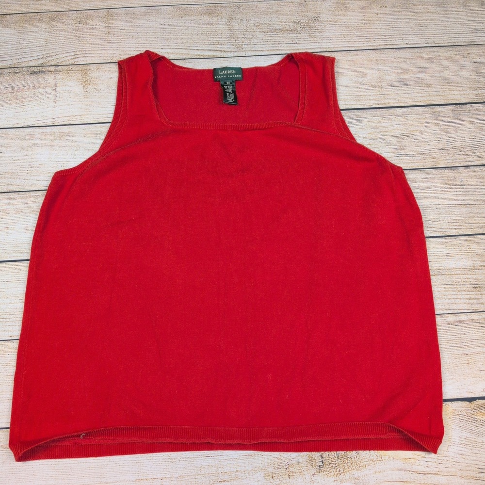 VTG‎ Lauren Ralph Lauren Red Cotton Blend Knit Top Sleeveless 3X Square neck